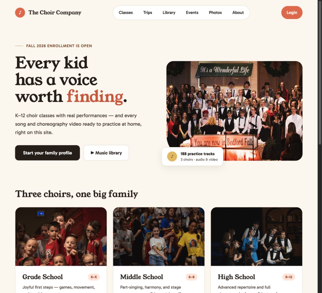 The Choir Company website, featuring choir performances and classes for grade school, middle school, and high school students.