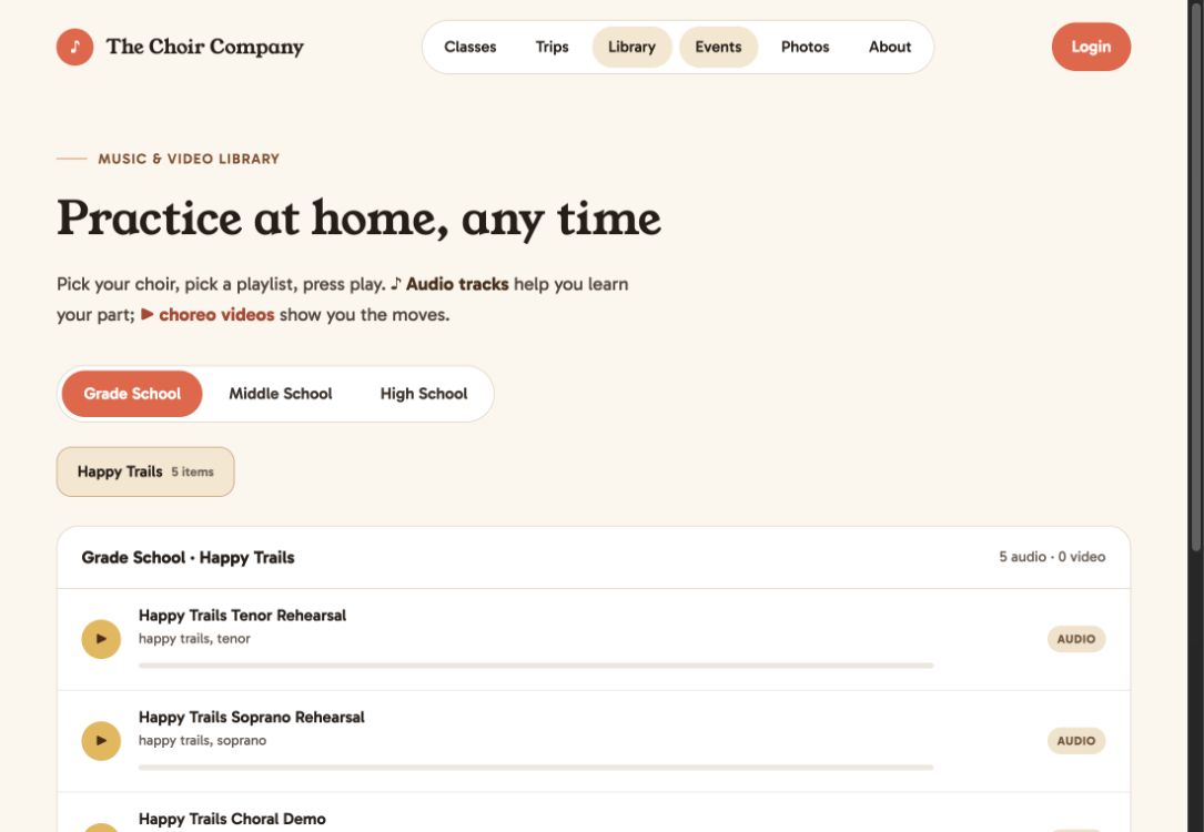 The Choir Company music library with choir filters, rehearsal playlists, and audio tracks.